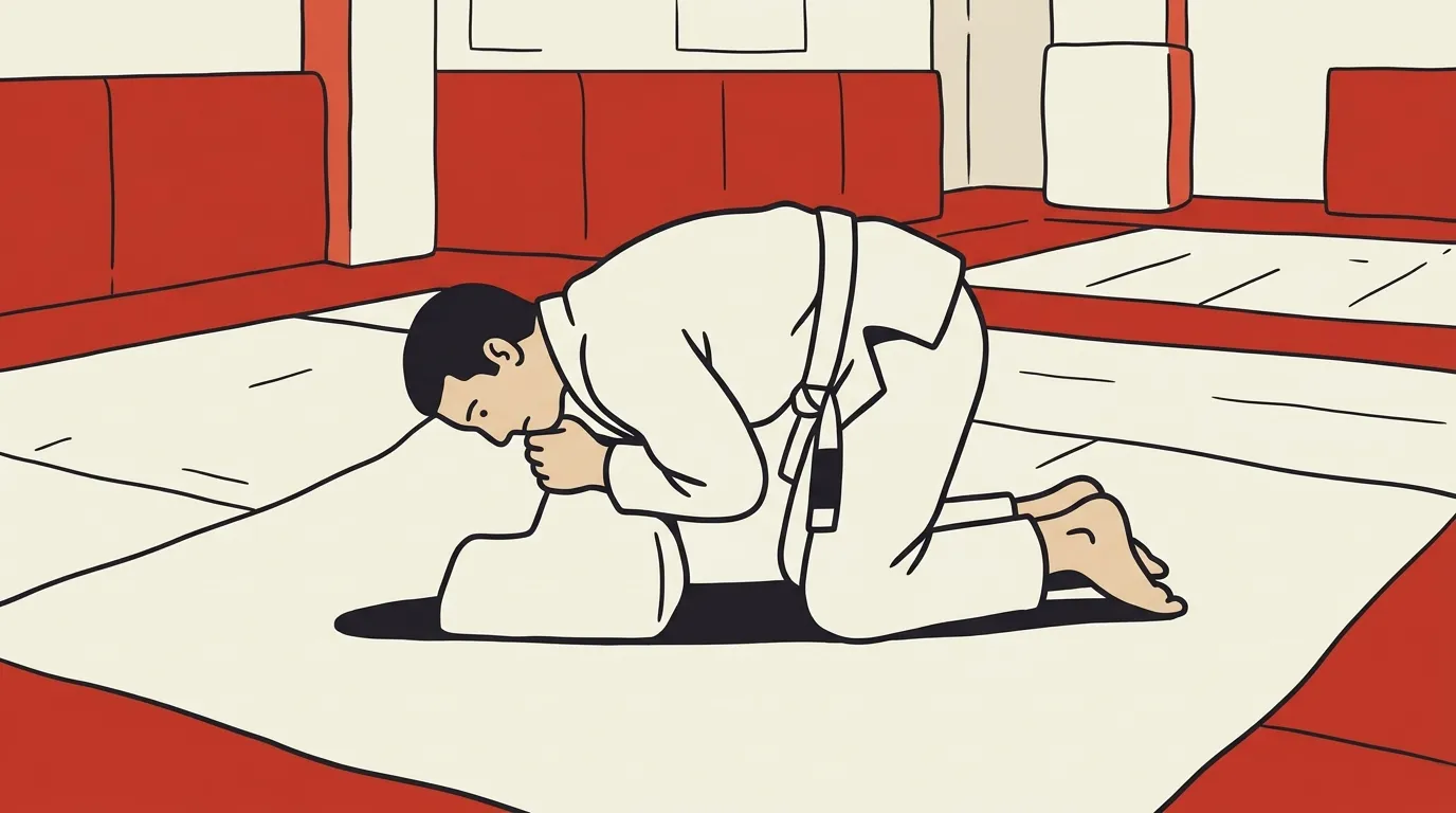 マットの上で四つんばいになり、肘と膝を締めて亀の姿勢をとる白帯