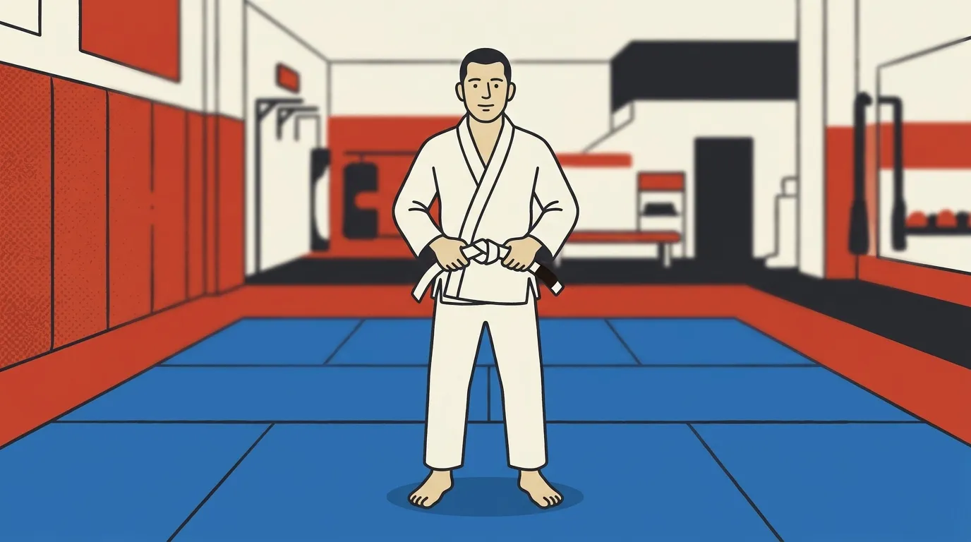 柔術用マットの上で一人で帯を締める白い道着の白帯