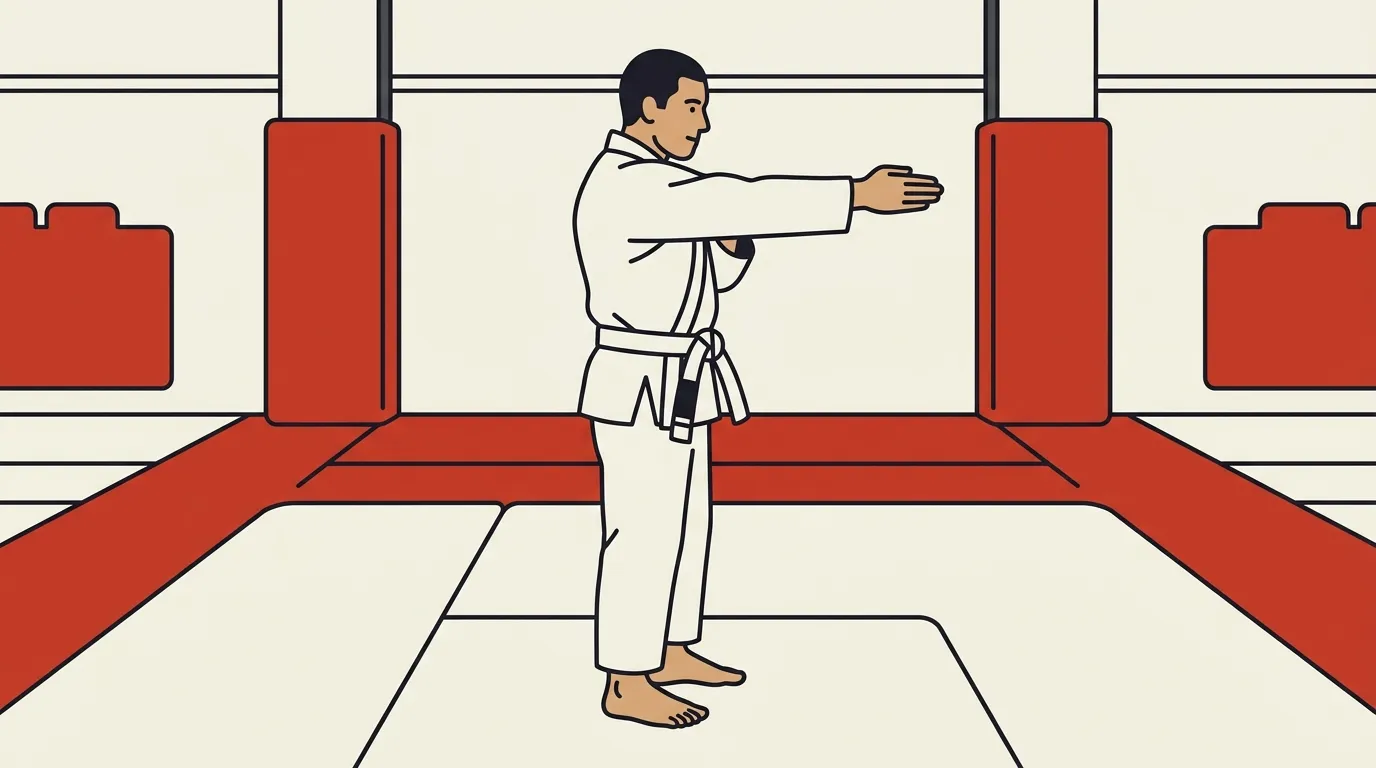 腕を前に伸ばして道着の袖の長さを確かめる選手