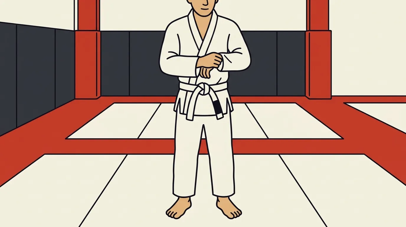 白い道着を着て袖の長さを確かめる白帯の初心者